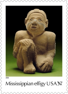 US Postal Service stamp featuring the stone statue "Sandy" from the 2004 series "Art of the American Indian." Image courtesy of the Tennessee Council for Professional Archaeology.