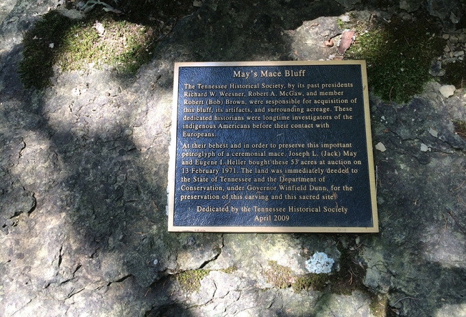 Historical marker for Mace Bluff along the trail to the site.