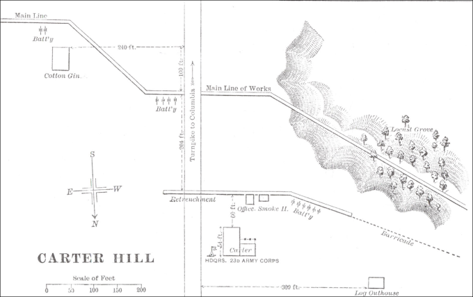 Moscow Carter 1897 map of the Battle of Franklin showing the cotton gin and Federal fortification line (1864).